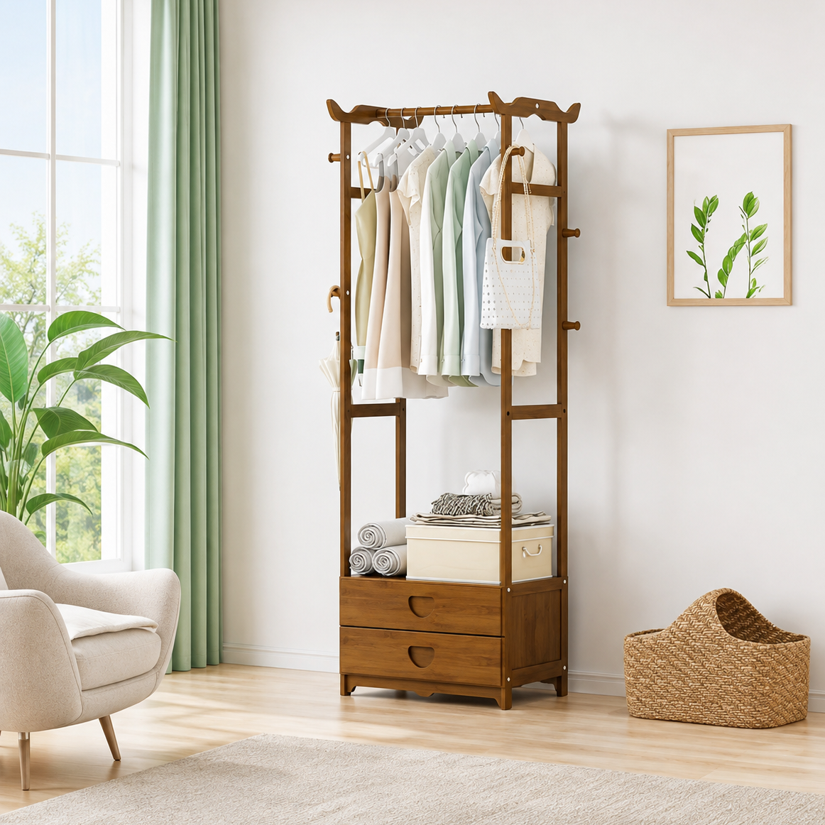 Modern Wooden Clothes Rack with Drawers
