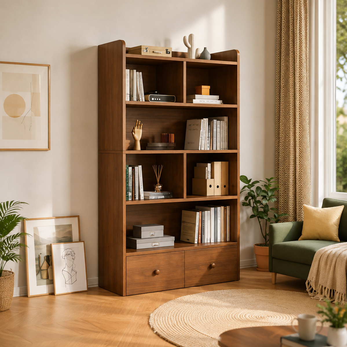 Modern Wooden Bookshelf Cabinet with Storage Drawers
