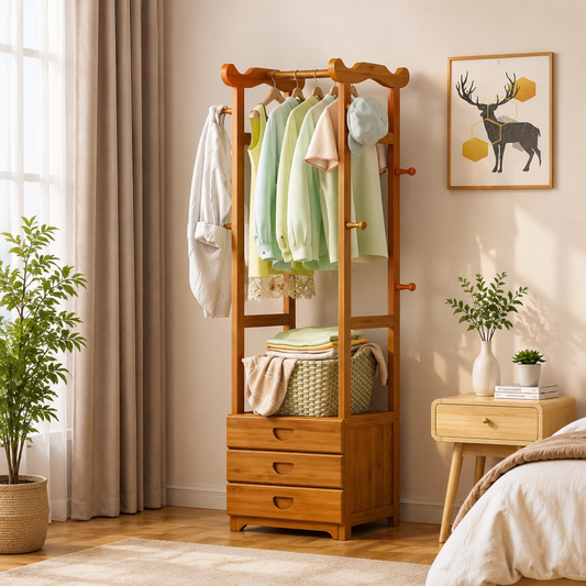 Premium Wooden Clothes Rack with 3 Drawer Storage