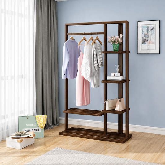 Modern Wooden Clothes Rack with Storage Shelves