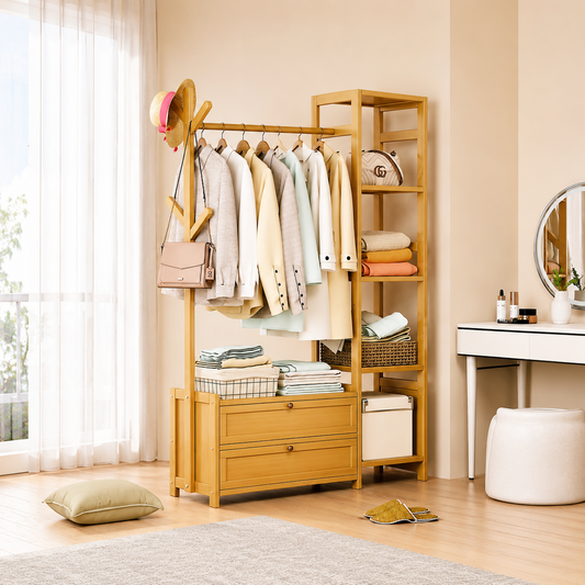Modern Wooden Clothes Rack with Drawers & Storage Shelves