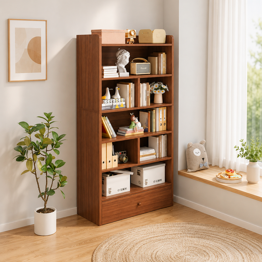Modern Wooden Bookshelf with Storage Drawer