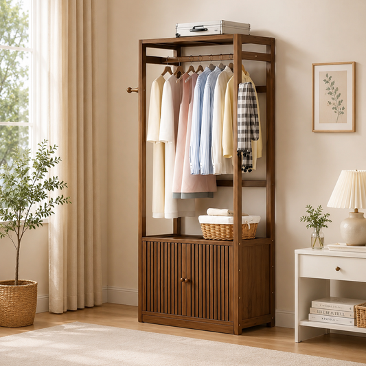 Modern Open Wooden Wardrobe with Storage Cabinet | Stylish Bedroom Clothes Organizer