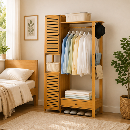 Stylish Open Wardrobe with Shelves & Cabinet