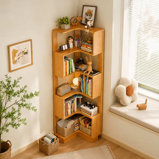 Modern Corner Bookshelf with Open Storage | Stylish Wooden Bookcase for Small Spaces