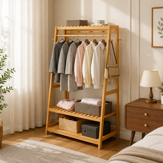 Modern Wooden Clothes Rack with Storage Shelves | Stylish Bedroom Garment Organizer