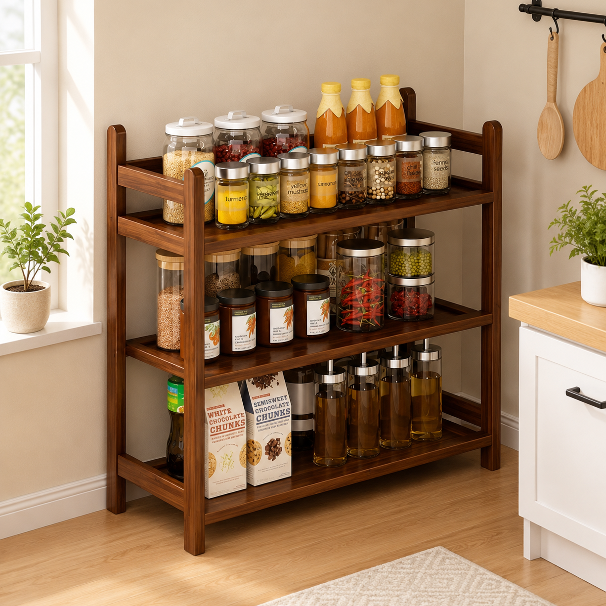 Premium Wooden Kitchen Rack | 3-Tier Spice & Storage Organizer