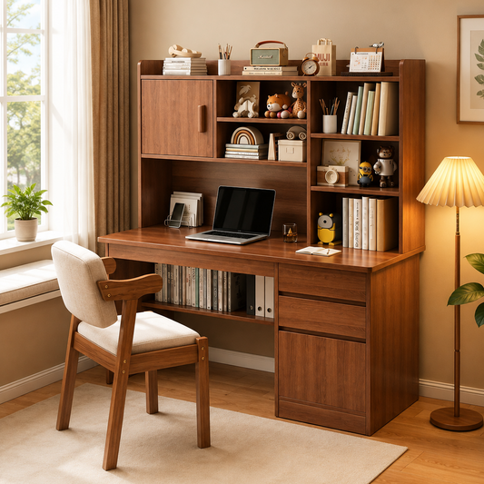 Modern Wooden Study Desk with Bookshelf & Storage Cabinet